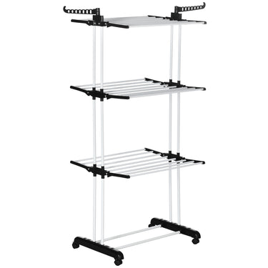 HOMCOM Foldable Clothes Drying Rack, 4-Tier Steel Laundry Rack for Drying Clothes with 2 Side Wings and 4 Castors, Indoor and Outdoor Use, Black