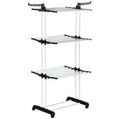 HOMCOM Foldable Clothes Drying Rack, 4-Tier Steel Laundry Rack for Drying Clothes with 2 Side Wings and 4 Castors, Indoor and Outdoor Use, Black