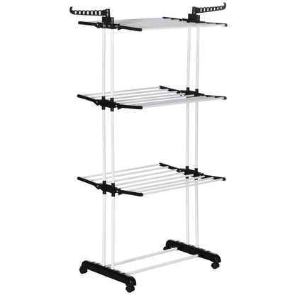 HOMCOM Foldable Clothes Drying Rack, 4-Tier Steel Laundry Rack for Drying Clothes with 2 Side Wings and 4 Castors, Indoor and Outdoor Use, Black