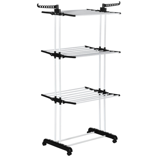 HOMCOM Foldable Clothes Drying Rack, 4-Tier Steel Laundry Rack for Drying Clothes with 2 Side Wings and 4 Castors, Indoor and Outdoor Use, Black