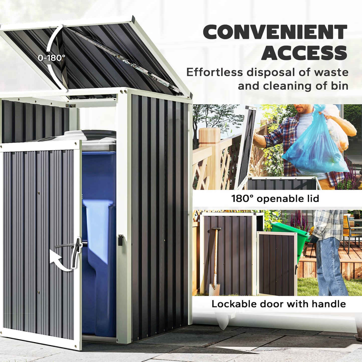 Outsunny Double Garbage Bin Shed, Lockable Outdoor Storage Shed with Openable Lid, Galvanized Frame for Garden Patio, Dark Grey