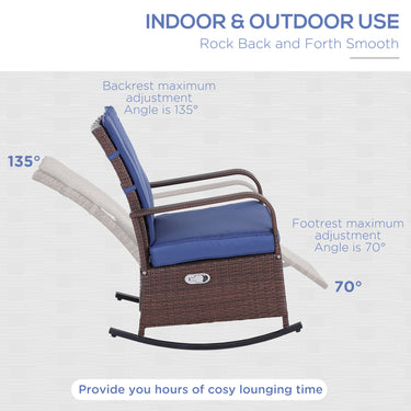 Outsunny Outdoor Wicker Rocking Chair with Cushion, Patio PE Rattan Recliner Chair with Adjustable Footrest, Armrests, Dark Blue