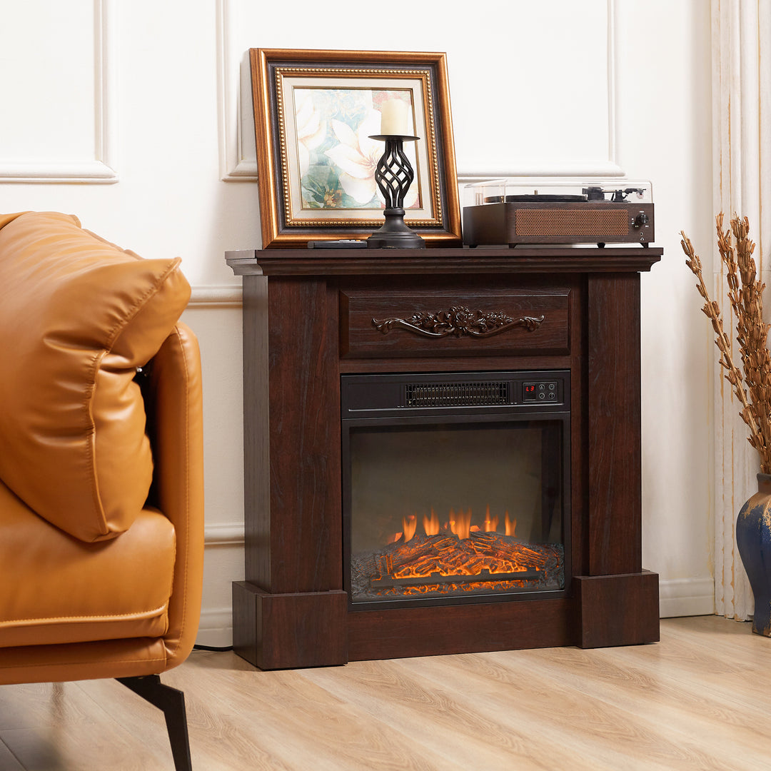 HOMCOM Electric Fireplace with Mantel, Freestanding Heater Corner Firebox with Log Hearth and Remote Control, 1400W, Brown