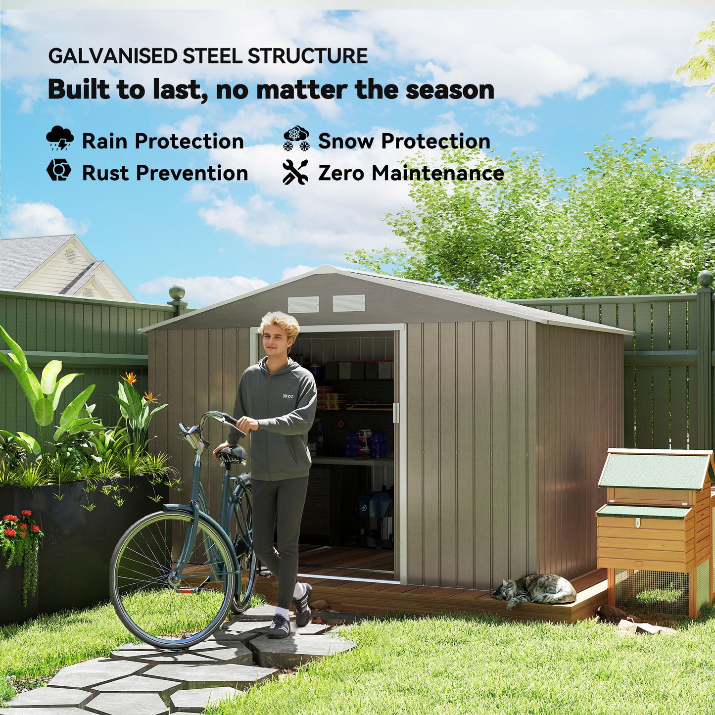 Outsunny 11' x 13'Garden Storage Shed w/ Foundation Kit Metal Tool Storage House w/ Double Doors Yellow