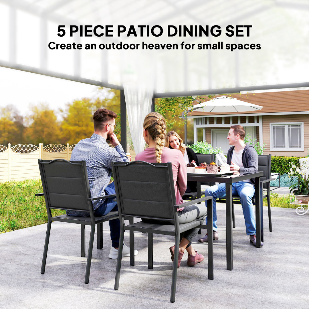 Outsunny 5 Piece Outdoor Dining Set w/ 4 Stackable Chairs, Rectangle Table, Tempered Glass Top, Steel Frame, Black
