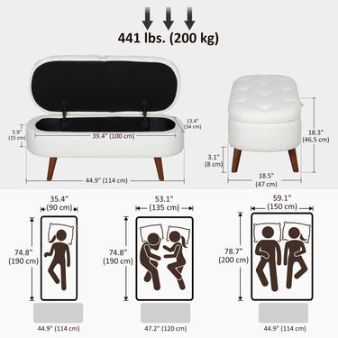 HOMCOM Boucle Bedroom Bench with Storage, Tufted Teddy Fleece Storage Ottoman Bench with Wood Legs for Living Room, White