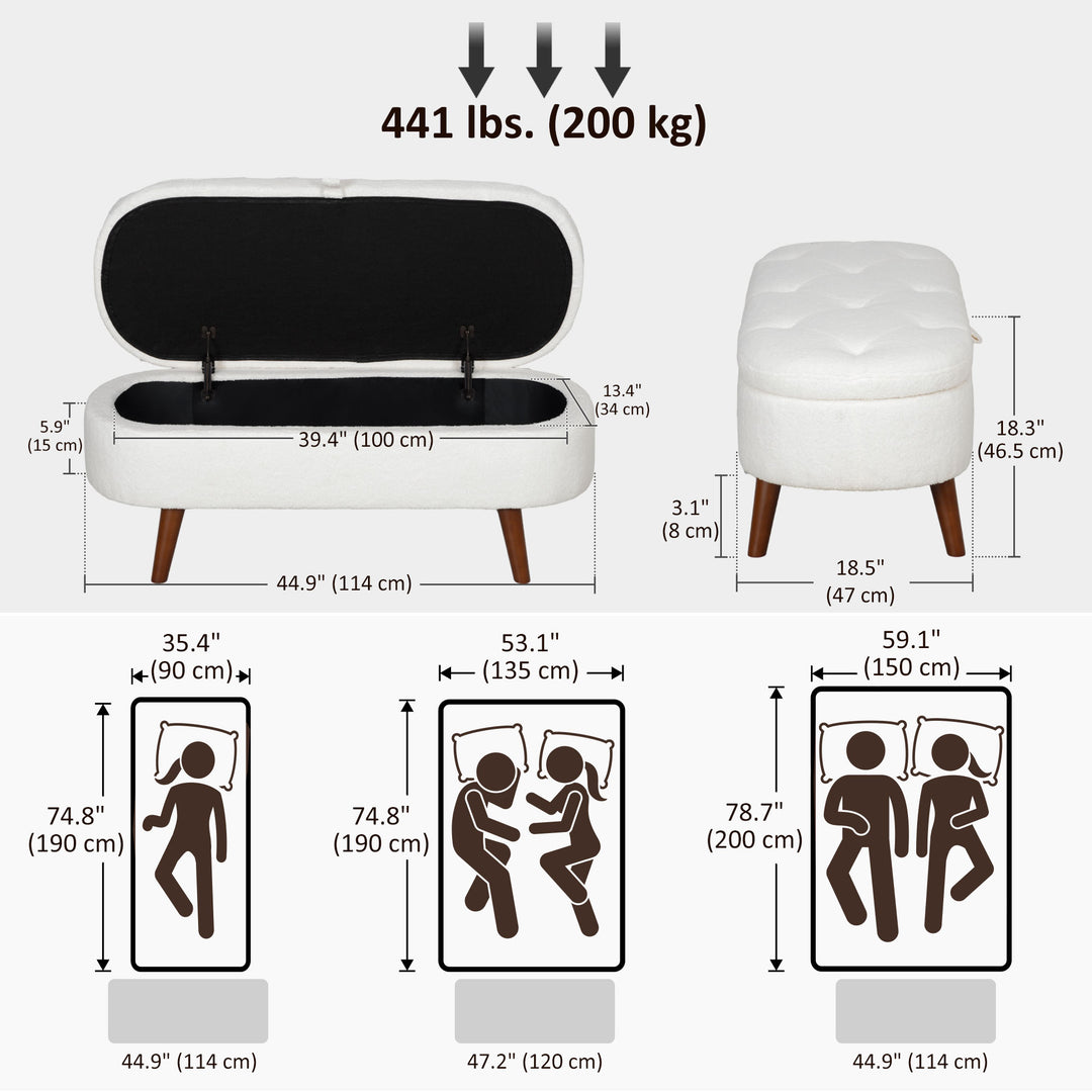 HOMCOM Boucle Bedroom Bench with Storage, Tufted Teddy Fleece Storage Ottoman Bench with Wood Legs for Living Room, White