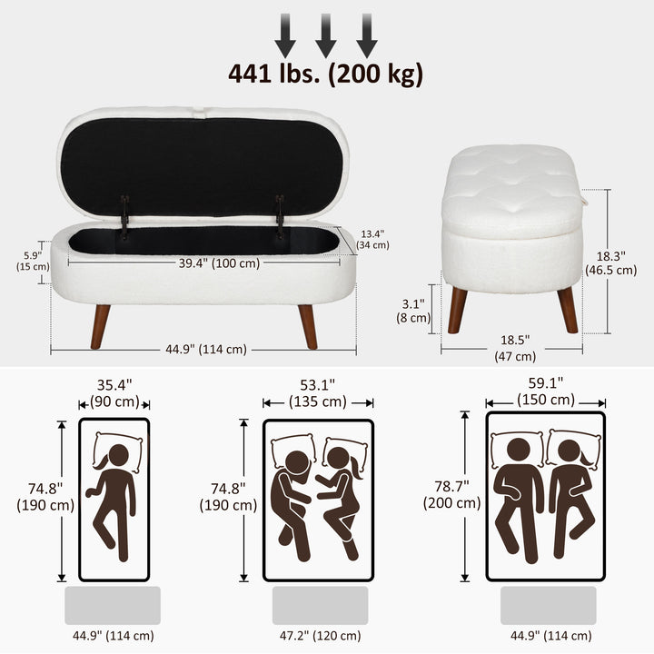 HOMCOM Boucle Bedroom Bench with Storage, Tufted Teddy Fleece Storage Ottoman Bench with Wood Legs for Living Room, White