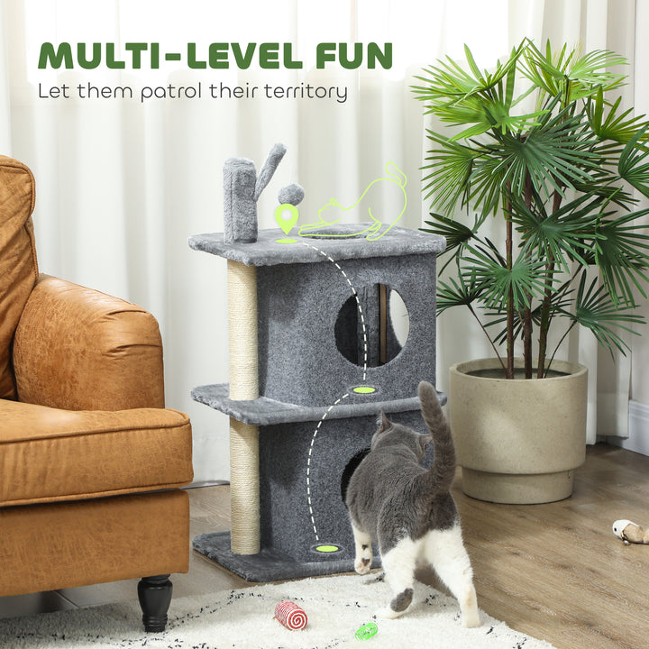 PawHut 31.5" Cat Tree, Multi-Level Cat Tower with 2 Condos and Soft Plush Perches for 1-2 Cats, Grey