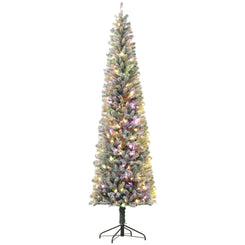 HOMCOM 9ft Prelit Pencil Artificial Christmas Tree, Flocked Xmas Tree with Remote, Dual Colour LEDs, 895 Tips, Metal Stand