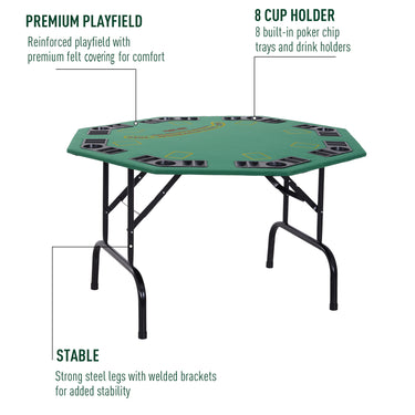Soozier Folding Poker Table, 47" Octagon Blackjack Poker Game Table for 8 Players with Cup Holders, Green