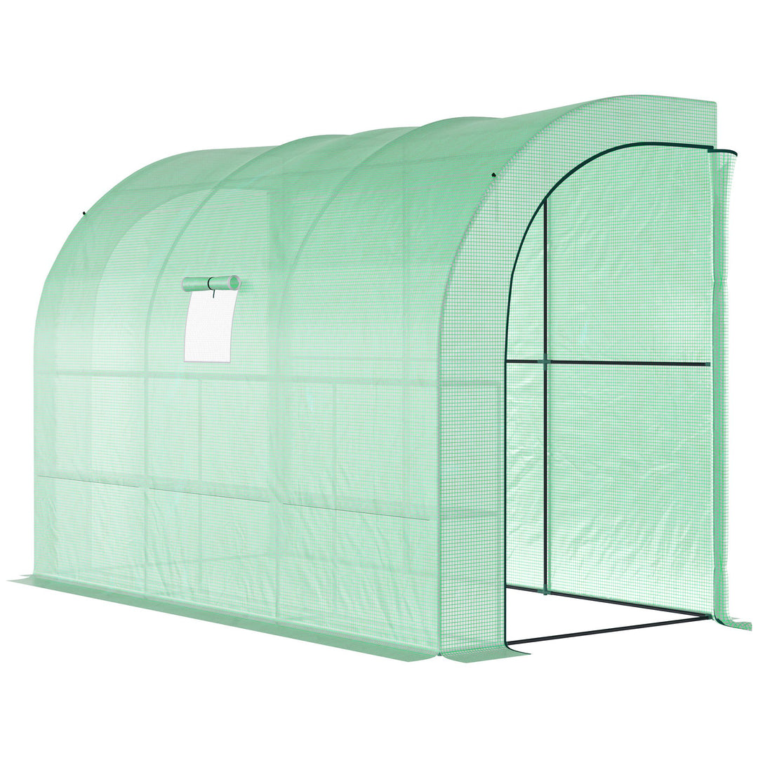 Outsunny Walk-in Wall Lean-to Greenhouse, 10' x 5' x 7' Outdoor Gardening Green House with PE Cover, Windows, Shelves and 2 Zipper Doors, Green