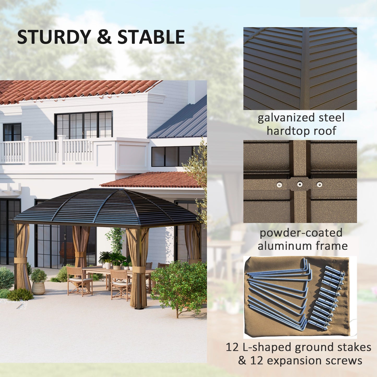 Outsunny 10' x 13' Hardtop Gazebo Aluminum Outdoor Canopy with Mesh Nettings, Curtains, Brown