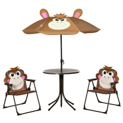 Outsunny Kids Folding Picnic Table and Chair Set Pattern Outdoor Garden Patio Backyard with Removable & Height Adjustable Sun Umbrella Brown
