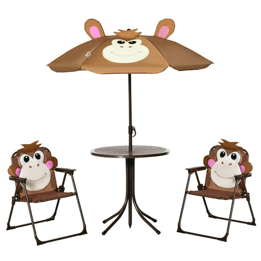 Outsunny Kids Folding Picnic Table and Chair Set Pattern Outdoor Garden Patio Backyard with Removable & Height Adjustable Sun Umbrella Brown