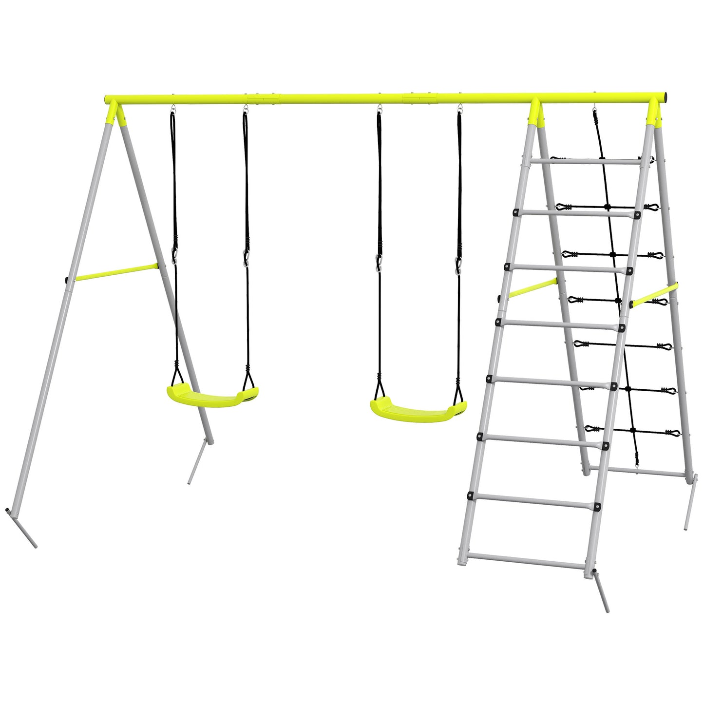 Outsunny 4 in 1 Metal Swing Set with Double Swings, Climber, Climbing Net for Kids, Toddlers, Backyard, Outdoor, Playground