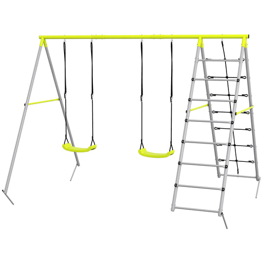 Outsunny 4 in 1 Metal Swing Set with Double Swings, Climber, Climbing Net for Kids, Toddlers, Backyard, Outdoor, Playground