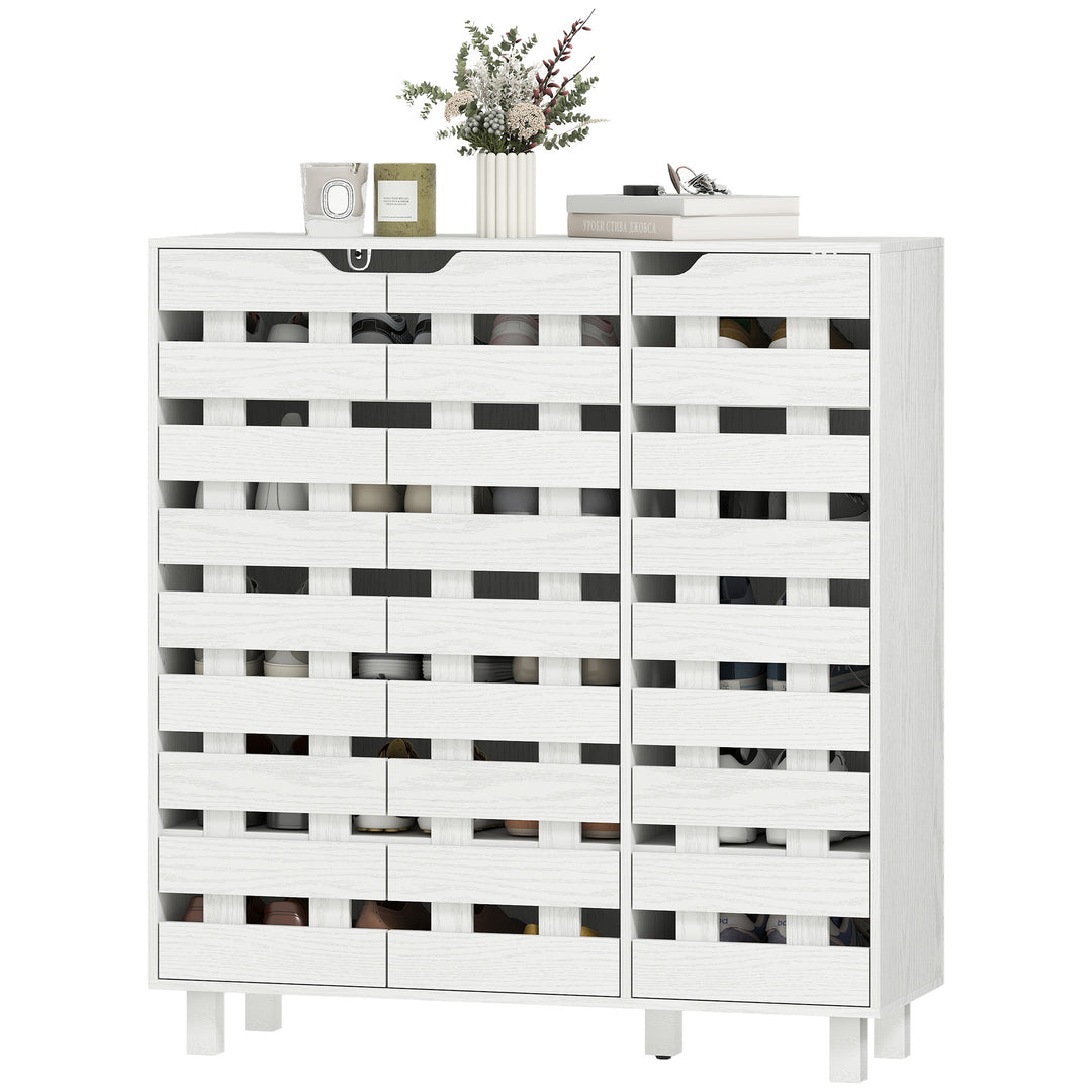 HOMCOM Shoe Cabinet, 21 Pair Shoe Storage Cabinet with Hollowed-Out Doors, White