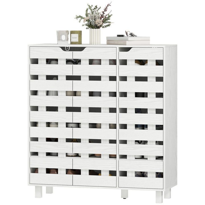 HOMCOM Shoe Cabinet, 21 Pair Shoe Storage Cabinet with Hollowed-Out Doors, White