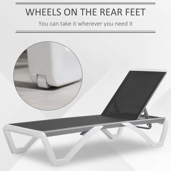 Outsunny Outdoor Chaise Lounge Chair, Patio Aluminum Tanning Chair with 5-Level Adjustable Back, Portable Wheels, Breathable Mesh Fabric, for Pool, Deck, Garden, Grey