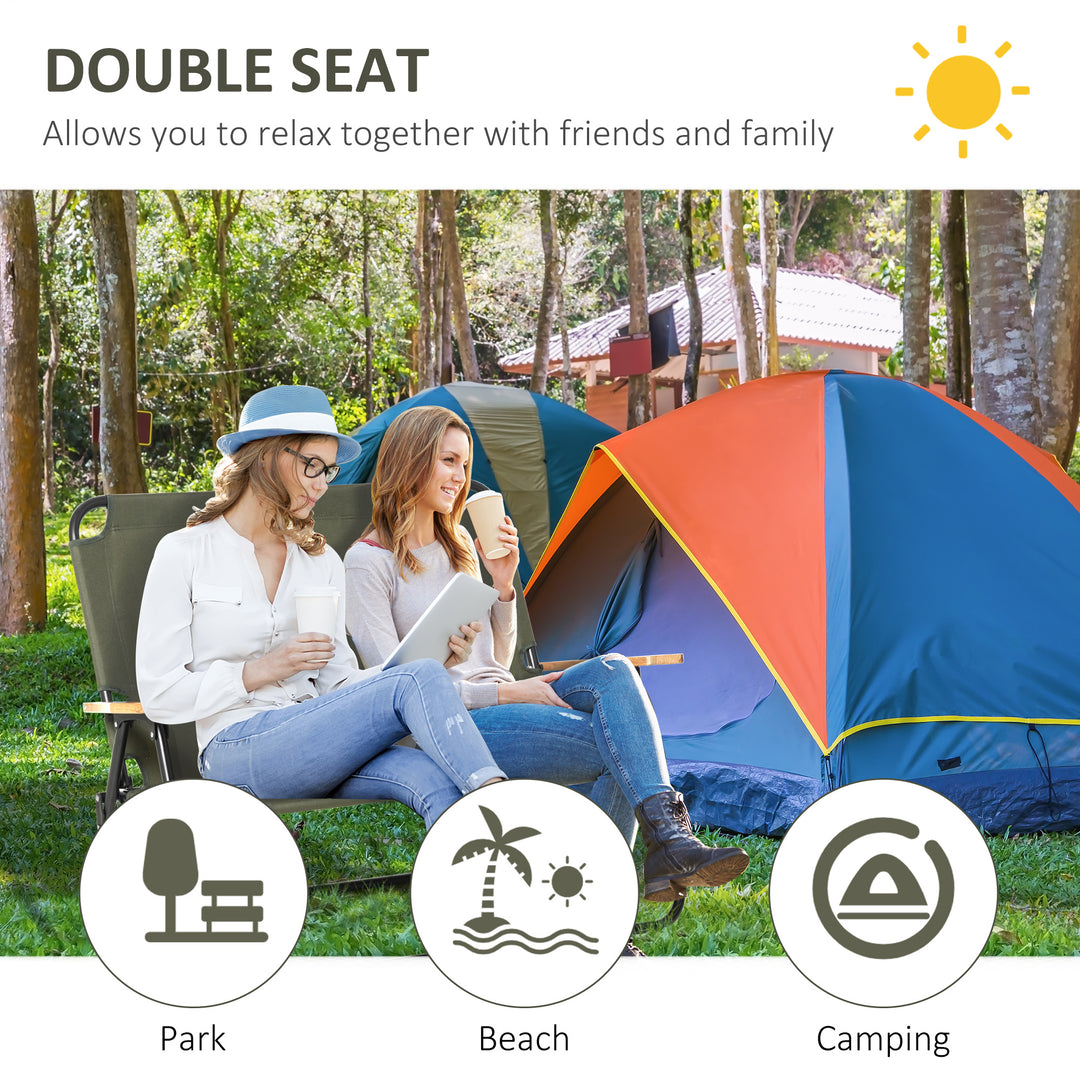 Outsunny Double Folding Chair, Loveseat Camping Chair for 2 Person, Portable Outdoor Chair with Wood Armrest for Fishing Travel, Green
