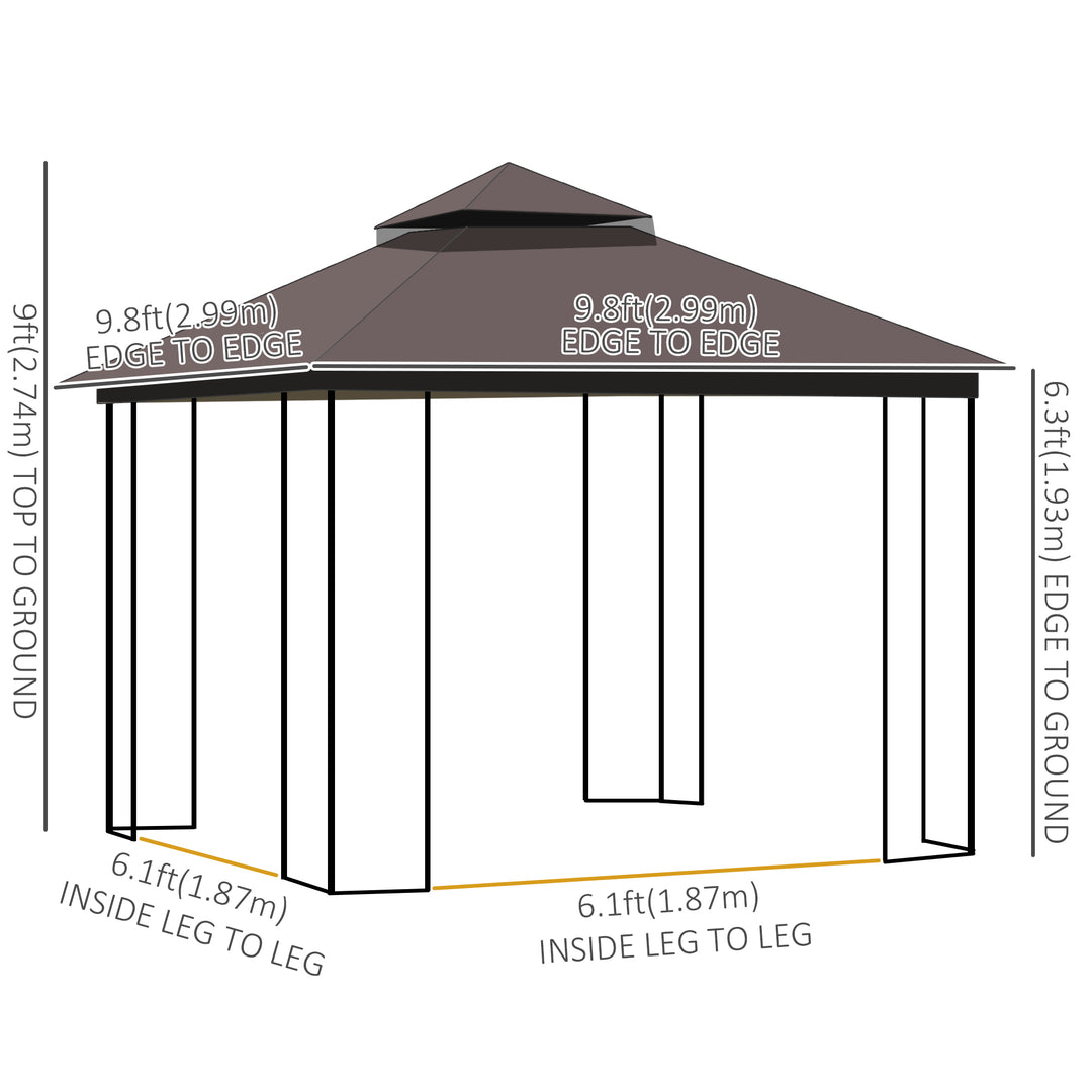Outsunny 10'x10' Soft-top Patio Gazebo with Double Tier Roof, Mesh Curtains, Display Shelves, Top Hooks, Coffee