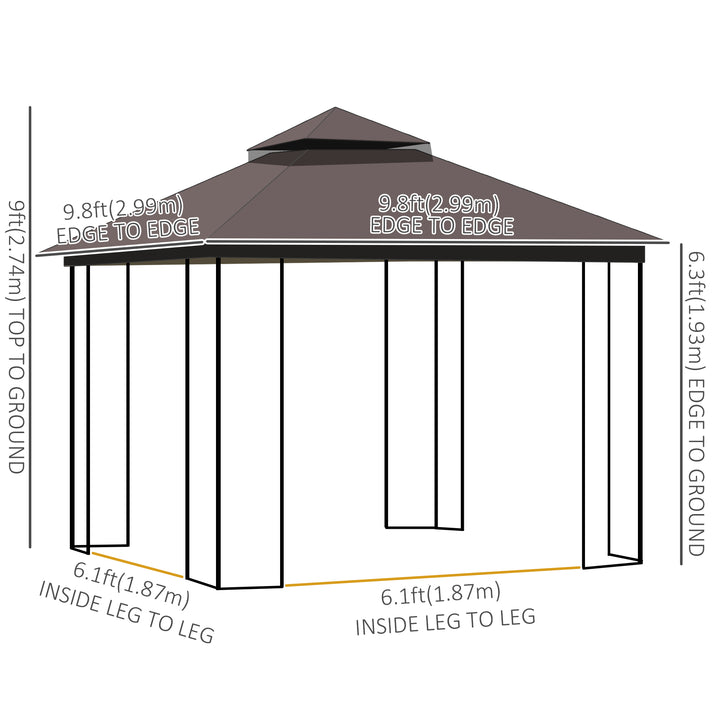 Outsunny 10'x10' Soft-top Patio Gazebo with Double Tier Roof, Mesh Curtains, Display Shelves, Top Hooks, Coffee