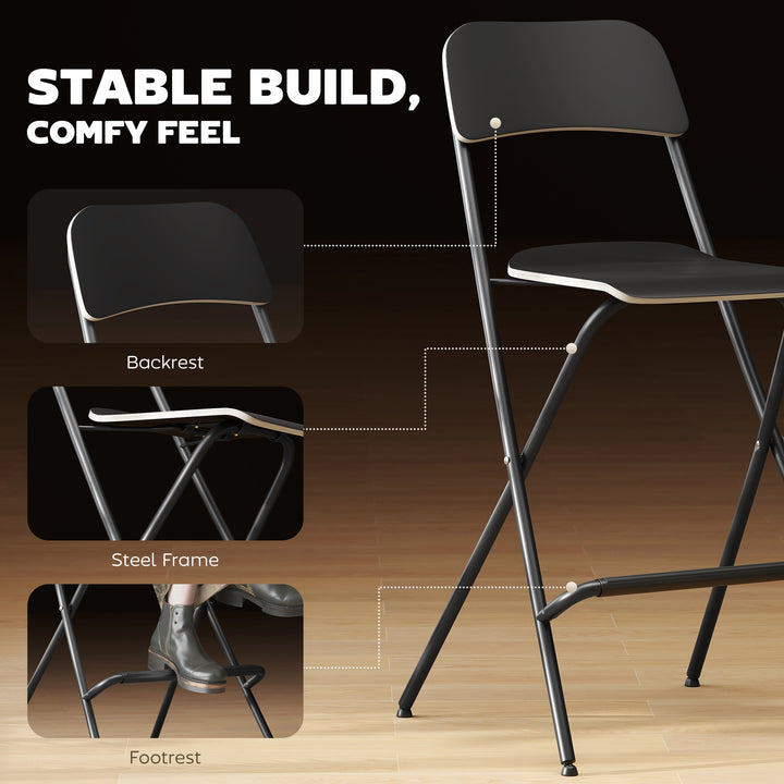 HOMCOM Folding Bar Stools Set of 2, Counter Height Foldable Stool with Wooden Effect Seat and Steel Frame for Kitchen, White