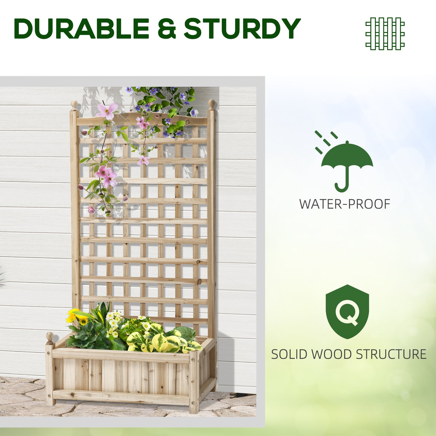 Outsunny Raised Garden Bed with Trellis, Wood Planter Box for Garden, Free Standing Flower Bed, 25.2" x 11" x 47.2" Brown