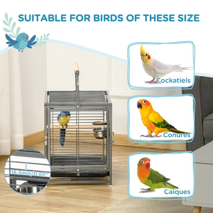 PawHut Bird Travel Carrier Cage for Parrots Conures African Grey Cockatiel Parakeets with Stand Perch, Stainless Steel Bowls, Pull Out Tray, Black