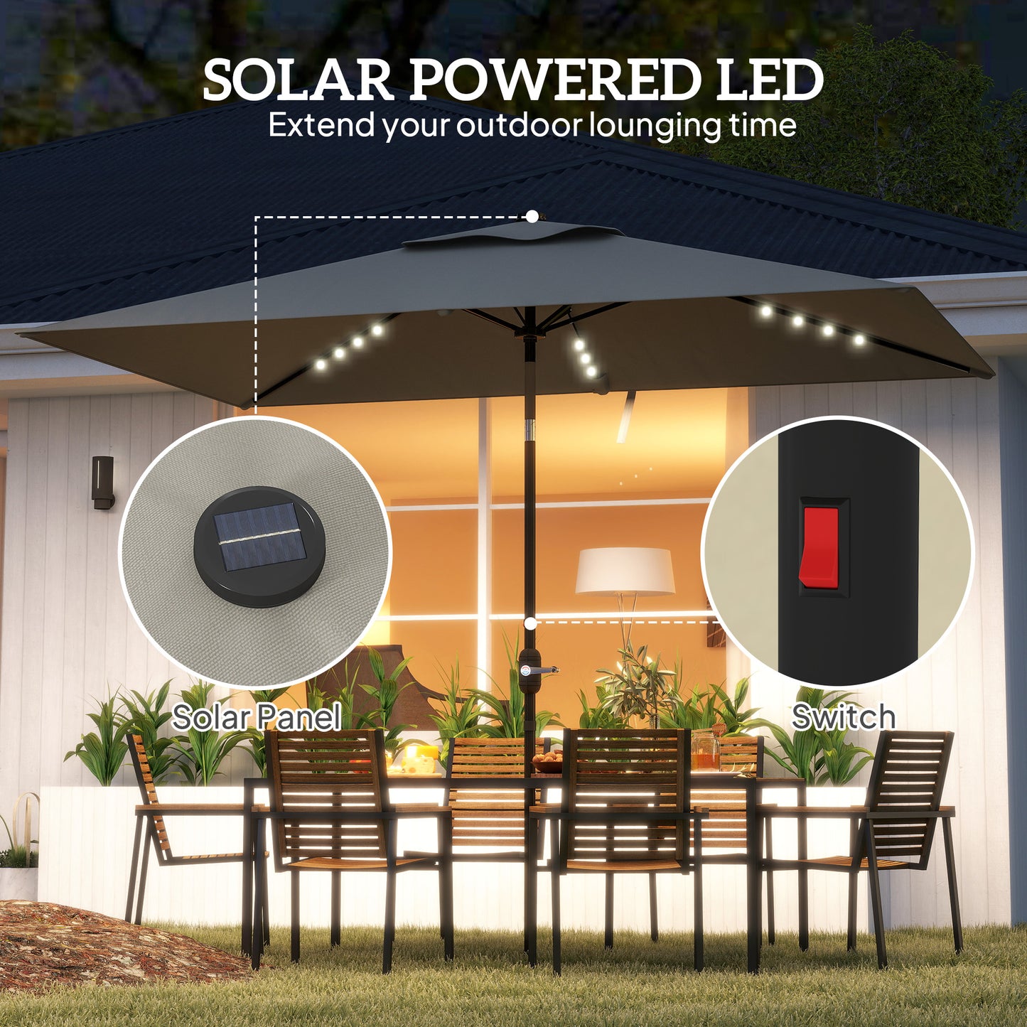 Outsunny 6' x 10' Patio Umbrella with 22 LED Solar Lights and Tilt, Rectangular Outdoor Table Umbrella with Crank, Beige