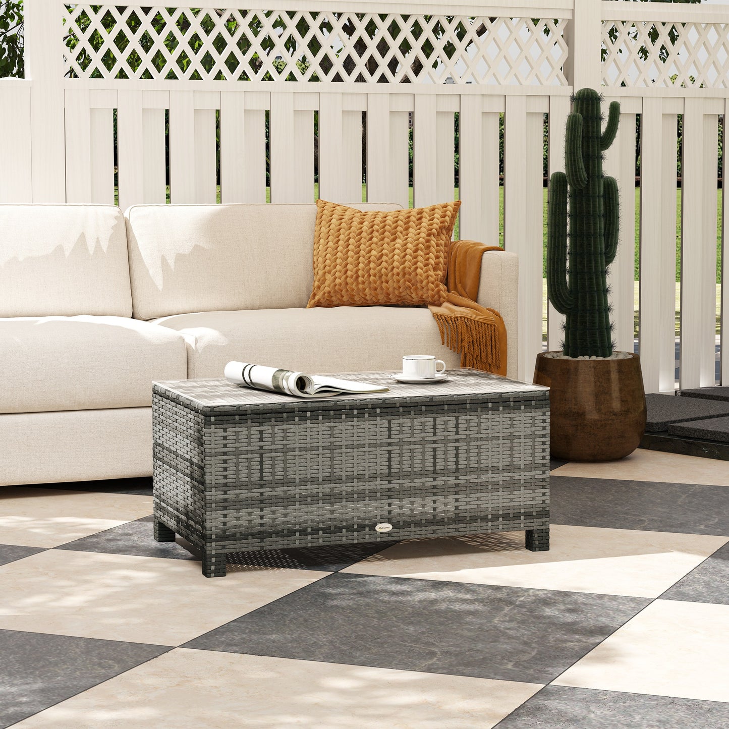 Outsunny Outdoor PE Rattan Wicker Table, Patio Garden Side Table w/Glass Top for Patio, Balcony, Mixed Grey
