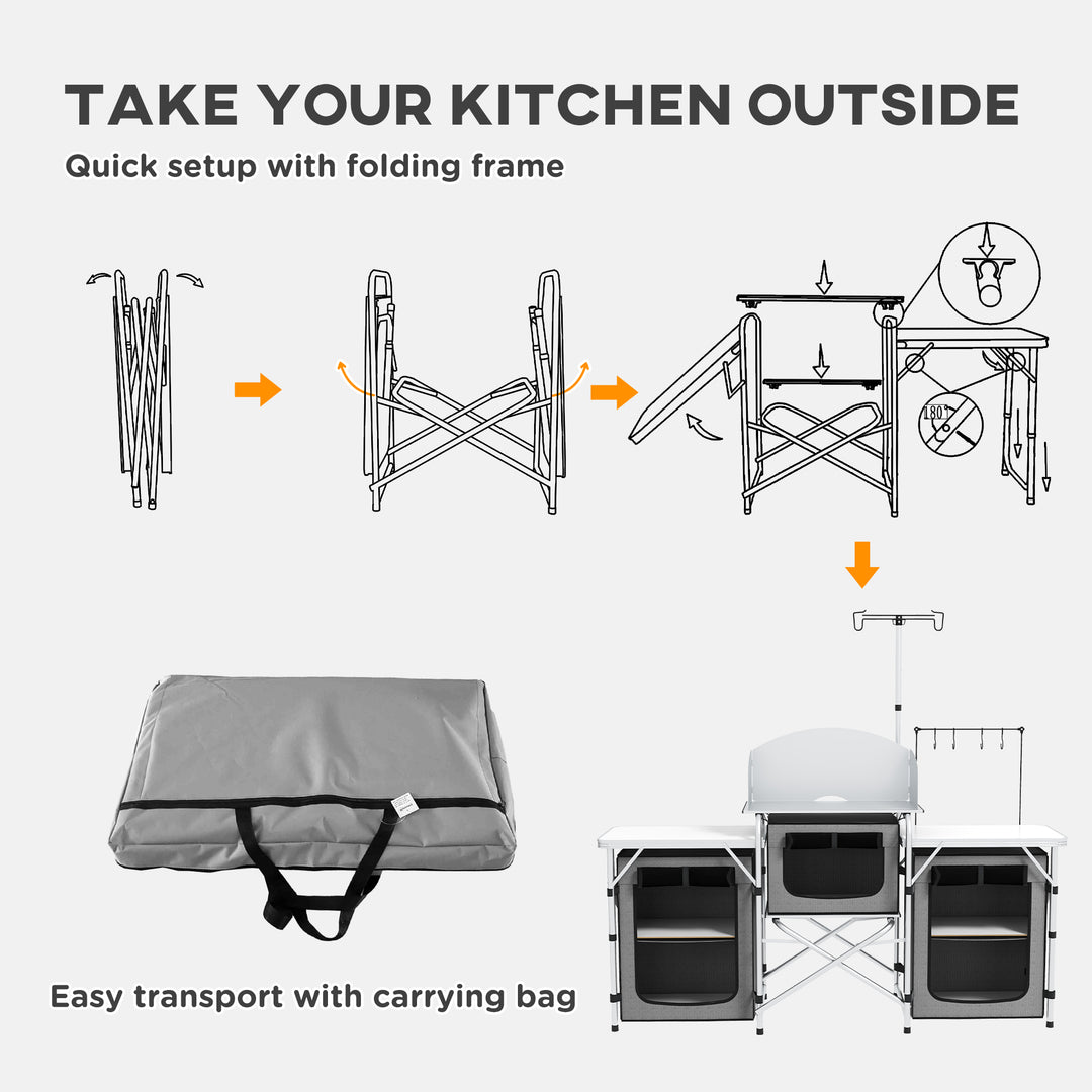 Outsunny Aluminum Camping Kitchen, Portable Folding Camping Table with Fabric Cupboards, Windshield, Bag for BBQ, Picnic, Grey