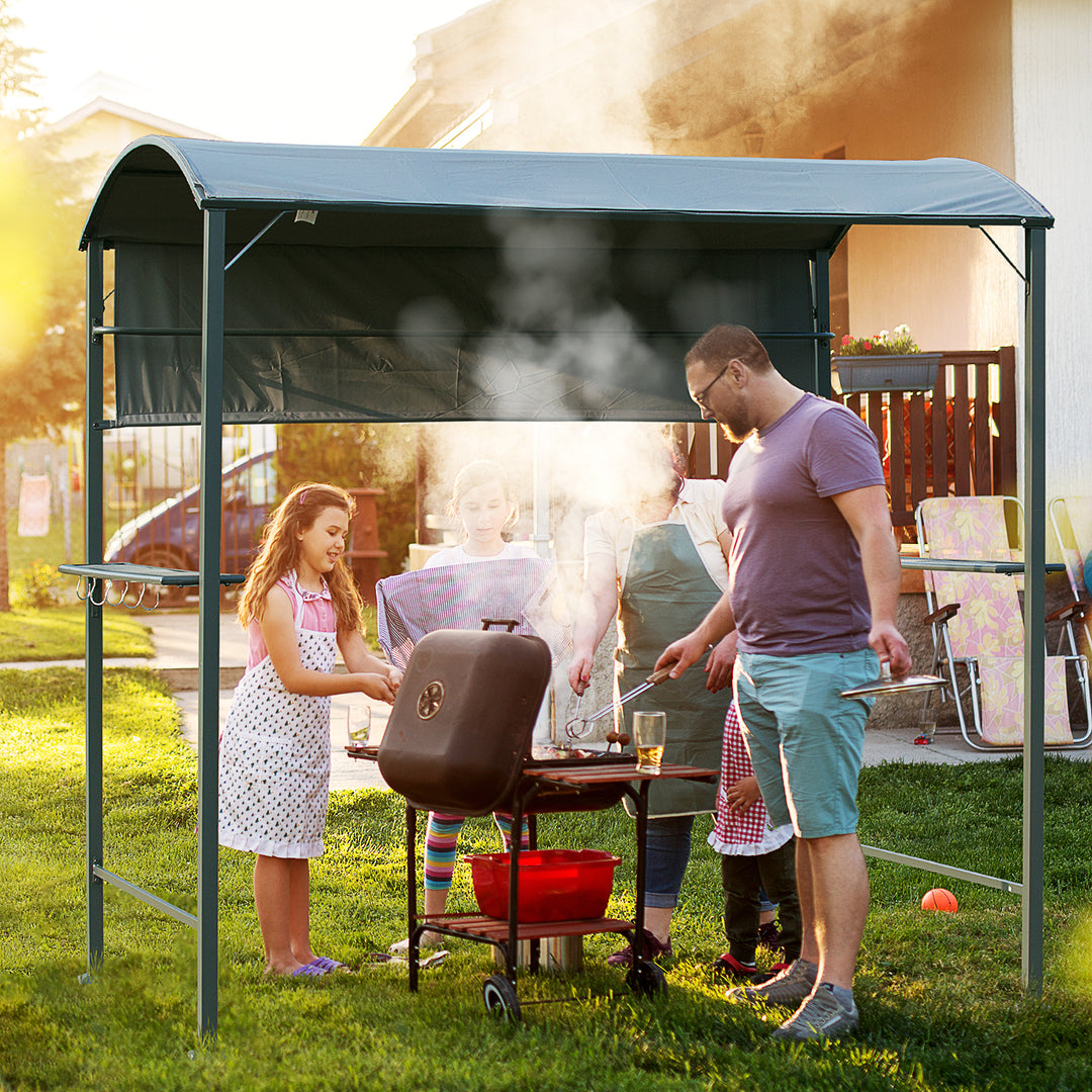 Outsunny 7x4.5ft Outdoor BBQ Gazebo Tent Metal Frame Garden Grill Canopy Sunshade Backyard Portable Shelter with Side Awning 2 Shelves and 5 Hooks Grey