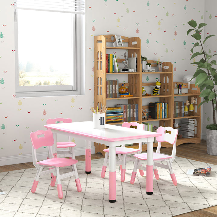 Qaba Kids Table and Chair Set with 4 Chairs, Adjustable Height, Easy to Clean, for 1.5 - 5 Years Old, Pink