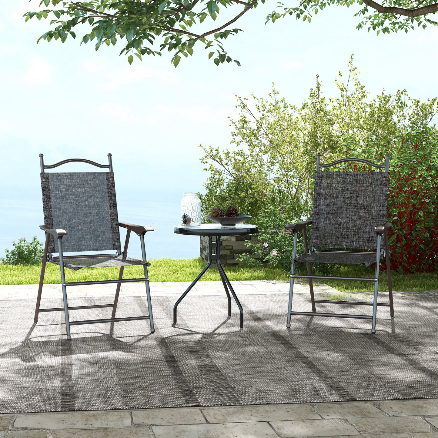 Outsunny 2 Pieces Folding Patio Camping Chairs Set, Sports Chairs for Adults with Armrest, Mesh Fabric Seat for Lawn