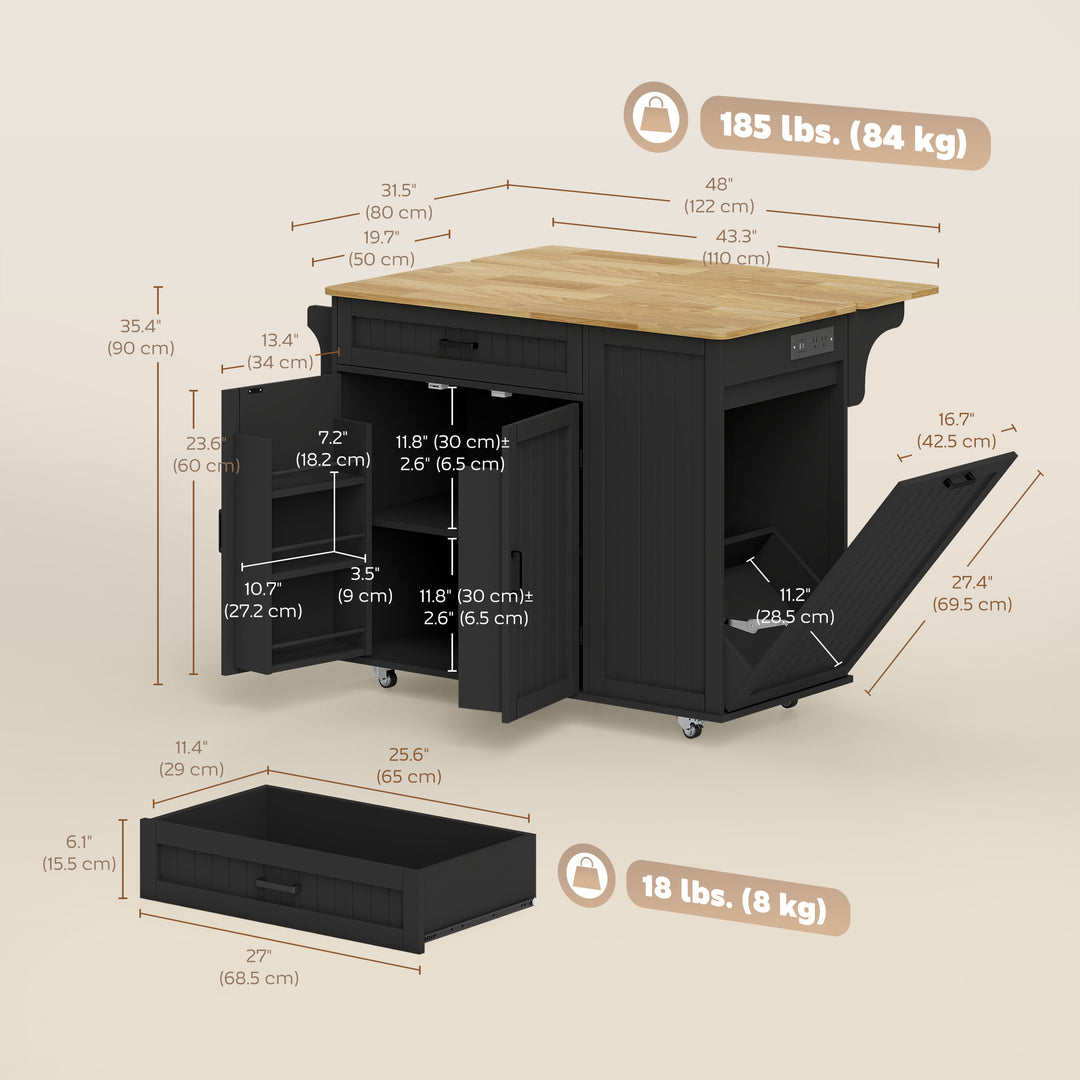 HOMCOM Kitchen Island Cart, Portable Kitchen Island Table with Charging Station, Rubber Wood Drop Leaf, Trash Storage, Black