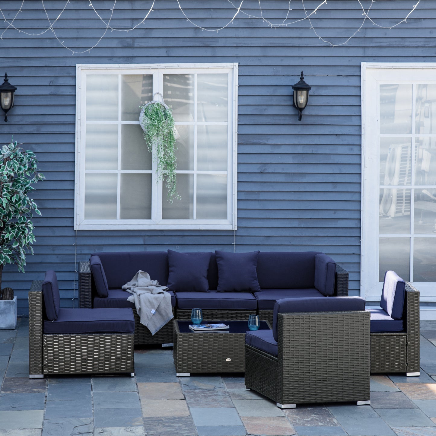 Outsunny 7 Pieces Outdoor Rattan Furniture Set, Patio Wicker Sectional Conversation Sofa Set w/ Cushions & Coffee Table