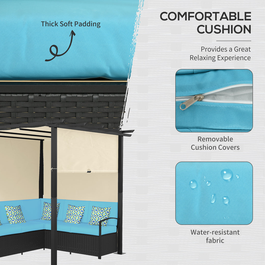 Outsunny Wicker Patio Furniture, Outdoor PE Rattan Sofa Set with Retractable Canopy Pergola, Shade Shelter for Deck, Pool, Garden, Terrace, Blue