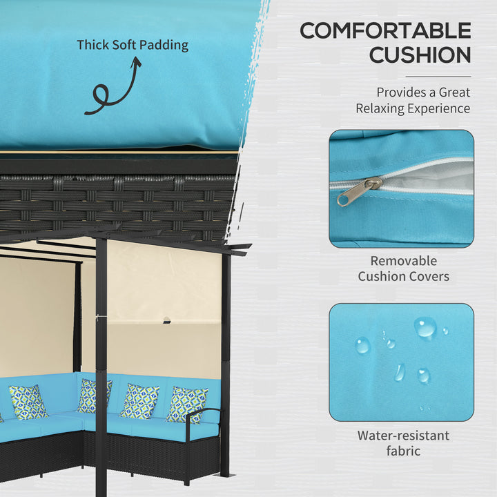 Outsunny Wicker Patio Furniture, Outdoor PE Rattan Sofa Set with Retractable Canopy Pergola, Shade Shelter for Deck, Pool, Garden, Terrace, Blue