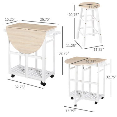 HOMCOM Kitchen Trolley 3 Piece Kitchen Cart Set Drop Leaf Breakfast Table and 2 Stools w/ Rolling Wheels & Towel Bars, Wood & White