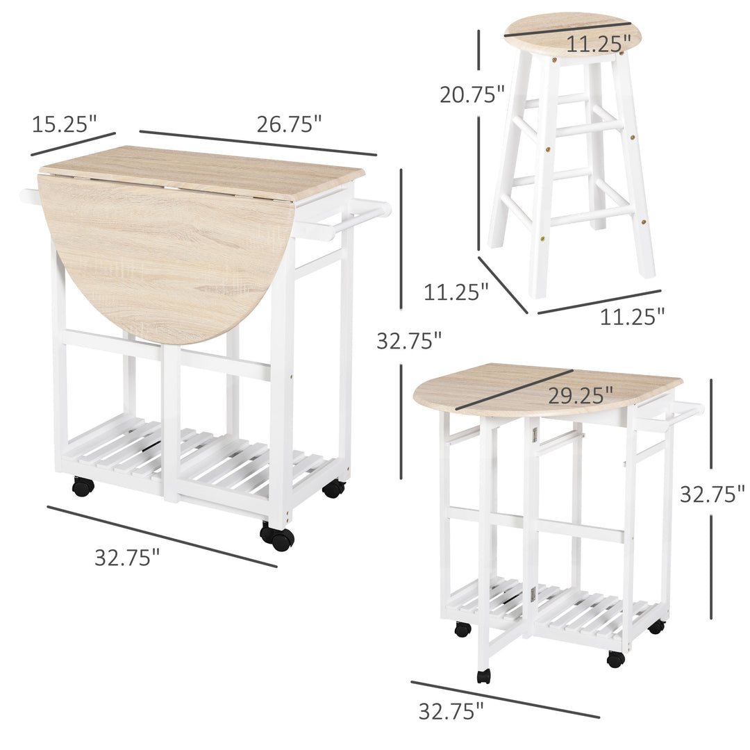 HOMCOM Kitchen Trolley 3 Piece Kitchen Cart Set Drop Leaf Breakfast Table and 2 Stools w/ Rolling Wheels & Towel Bars, Wood & White