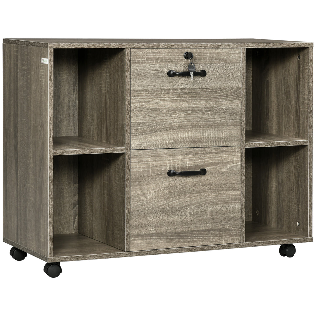 Vinsetto Lateral Filing Cabinet with Wheels and Lockable Drawer, File Cabinet, Mobile Printer Stand with Open Shelves for Letter and A4 Size Documents, Rustic Brown