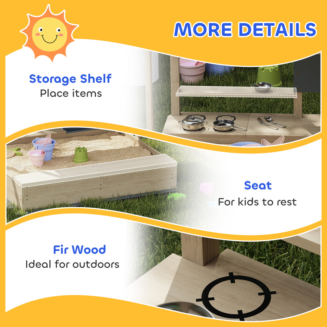 Outsunny Kids Sandbox with Cover Kitchen Playset Toys, Wooden Sand Box with Seat, Storage, for 3-7 Years Old, Grey