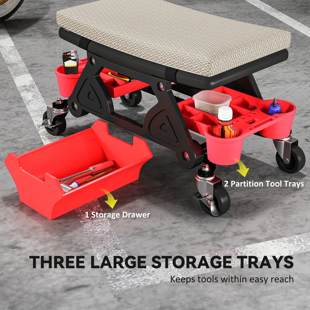 HOMCOM Rolling Garage Stool with Wheels, 300 LBS Capacity Padded Mechanic Stool with Tool Trays Storage, Black