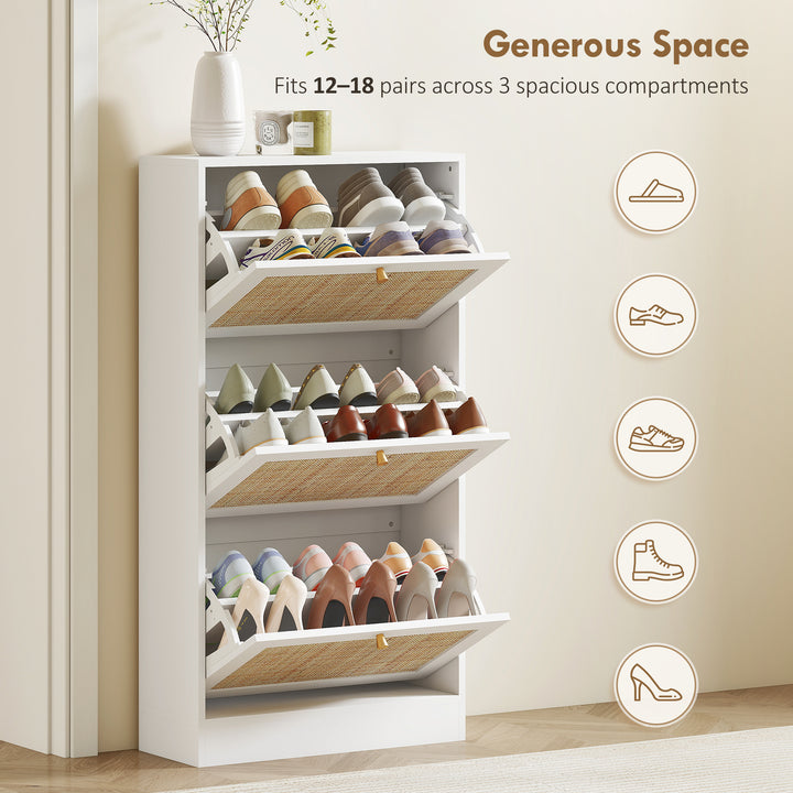 HOMCOM Rattan Shoe Storage Cabinet with 3 Flip Drawers and Adjustable Shelves, Entryway Shoe Cabinet for 18 Pairs, Black