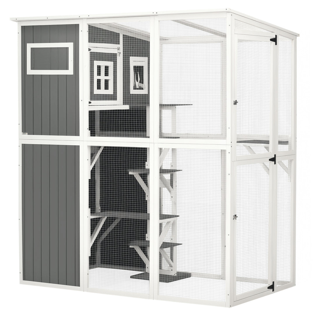 PawHut Wooden Cat Catio, 66.5"L Walk in Outdoor Cat House with PVC Weather Protection Roof, Multiple Platforms, Lockable Doors, Resting Condo, Observation Window, for 2 Cats