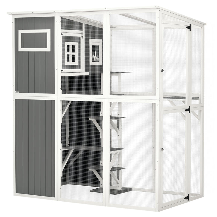 PawHut Wooden Cat Catio, 66.5"L Walk in Outdoor Cat House with PVC Weather Protection Roof, Multiple Platforms, Lockable Doors, Resting Condo, Observation Window, for 2 Cats