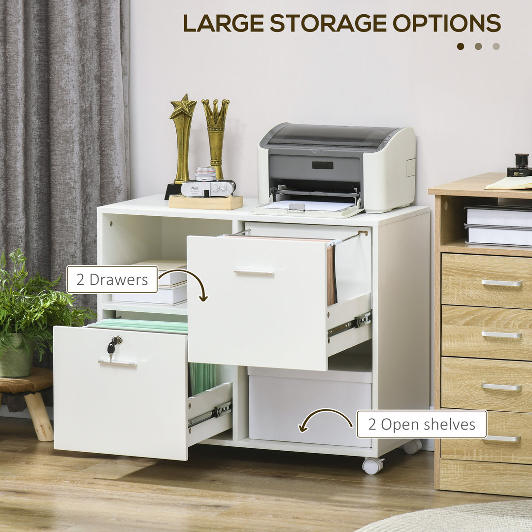 Vinsetto Lateral Filing Cabinet with Drawers and Lock, File Cabinet, Mobile Printer Stand with Open Shelves and Wheels for Letter and A4 Size Documents, White