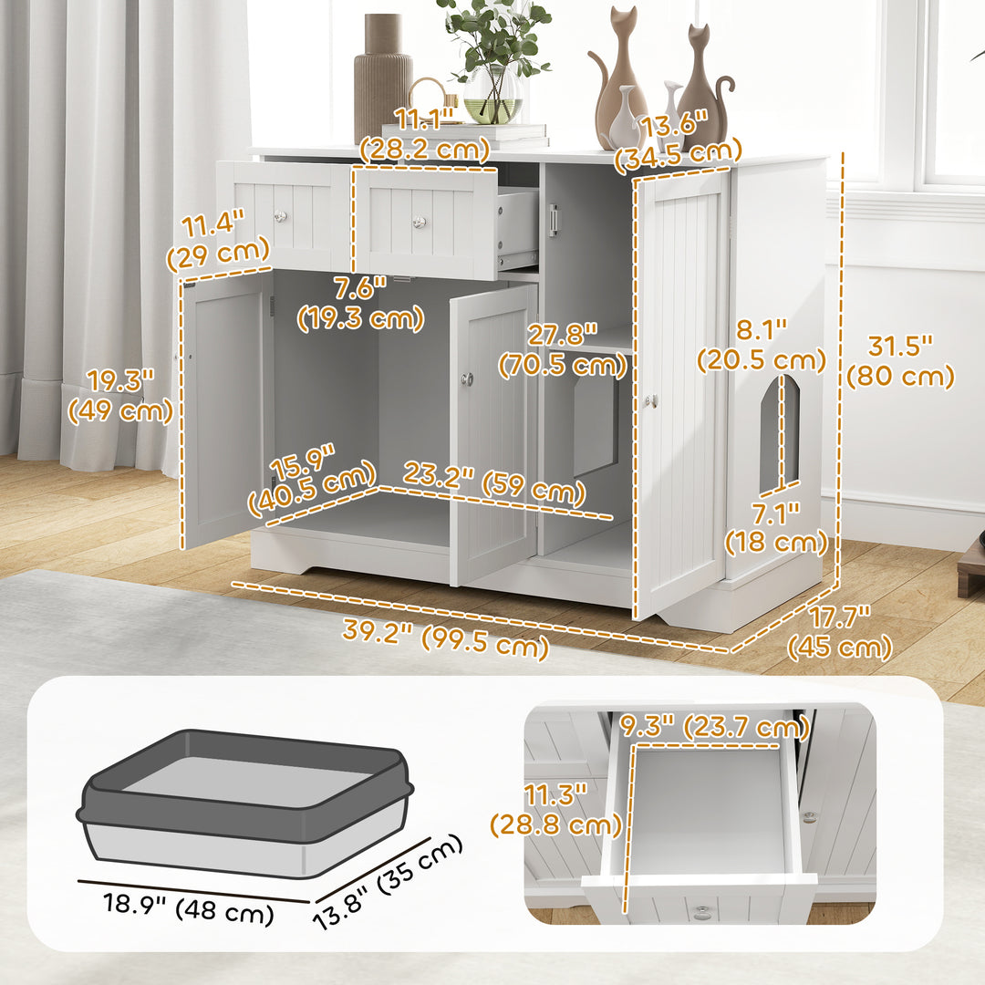 PawHut Cat Litter Box Enclosure with Drawer, Storage, Anti-tip Kit, for Living Room, Bedroom, White